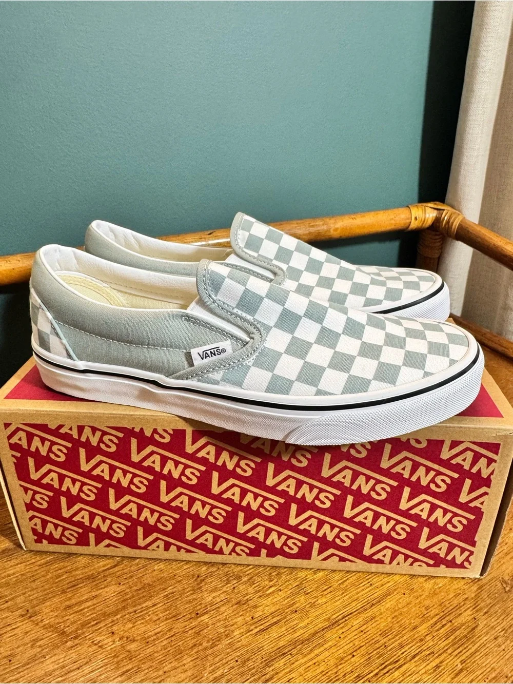 Vans Slip-On Checkerboard Sneakers in Greyish/Teal & White